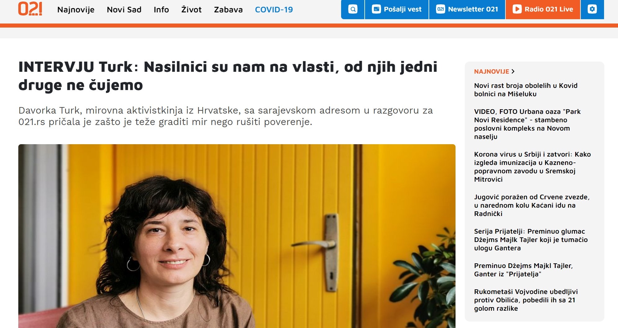 Intervju Davorke Turk za portal 021 iz Novog Sada